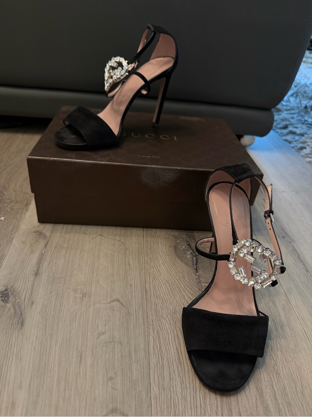 Gucci Black Crystal-Embellished Suede Sandals